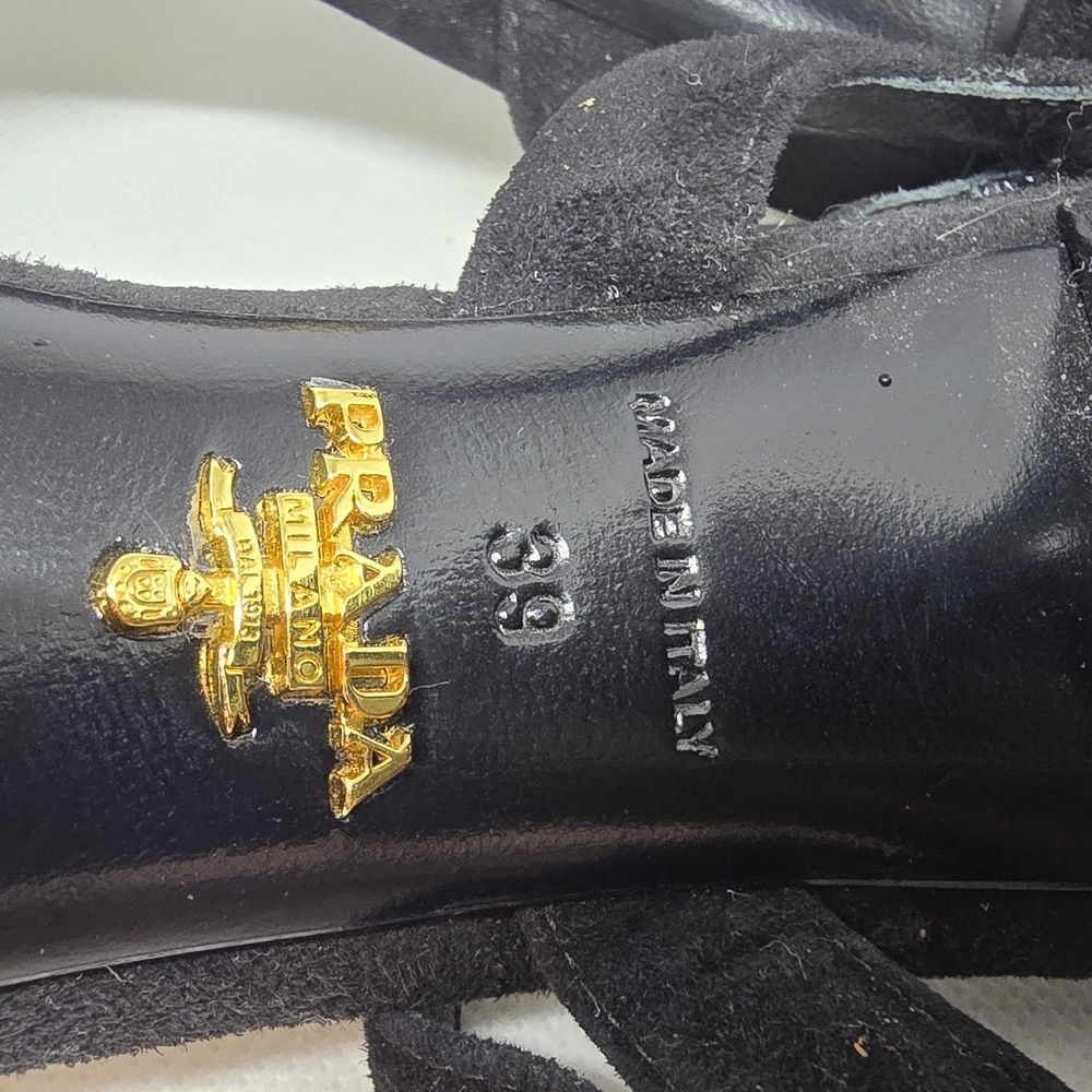 Prada Black Suede Sandals with Gold Logo Accent - Picture 1 of 4